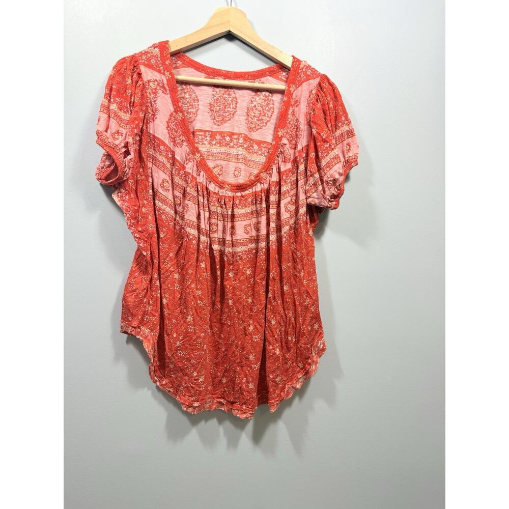 Free People Floral Scoop Neck Puff Short Sleeve low back Tunic Blouse XS - Picture 13 of 13